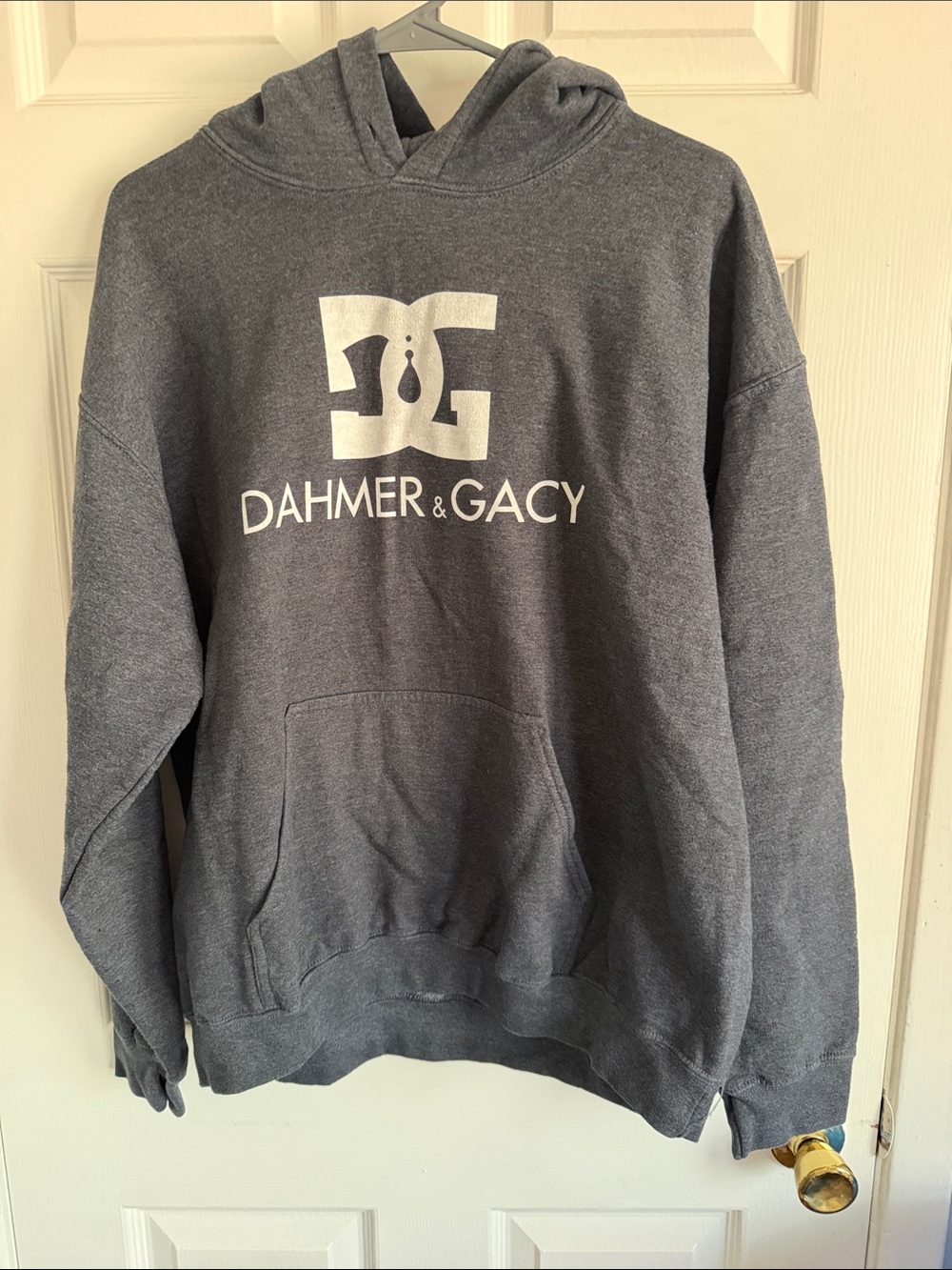 Gildan Dark Gray Hoodie with White Dahmer & Gacy Graphic